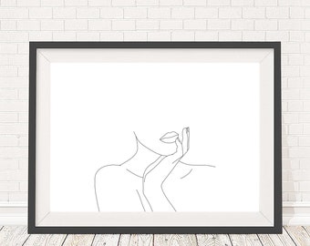 Minimal line drawing of woman's lips, black and white figure illustration, 5x7, A5, 8x10, A4, 11x14 and A3 sizes available