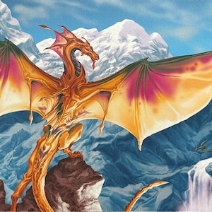 Signed Golden Dragon Playmat: Magic the Gathering Fantasy Art (24x14)