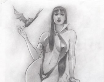 Sexy Vampirella in the tombstones, fantasy pinup pencil rendered drawing, collectible fantasy art by Zeleznik