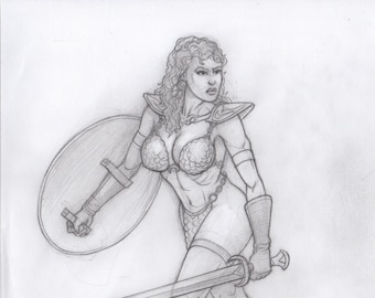 Sexy buxom warrior Red Sonja Drawing, chainmail bikini, Conan author Robert E Howard, original art, collectible art