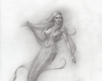 Sexy Mermaid Graphite, fantasy art, sea beauty, collectible art, by fantasy artist John Zeleznik