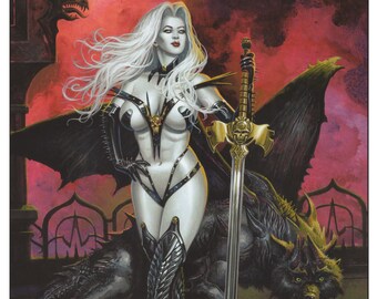 Lady Death Signed Art Print, Coffin Comics Fantasy Art, Dragon Wolf, Sexy Lady