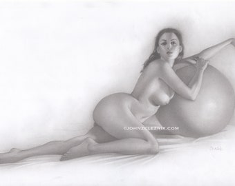 Sensual "Betcee on the Ball #1" pin-up drawing by John Zeleznik
