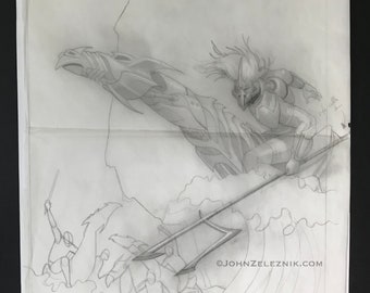 RIFTS “Underseas” Transfer Drawing Signed & Hand-Embellished, Zeleznik, Palladium Books RPG preliminary art, TTRPG, original art,