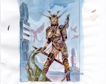 Kikura, azjatycka wojowniczka fantasy i science fiction, szkic kolorowy autorstwa Zeleznika, wstępna grafika