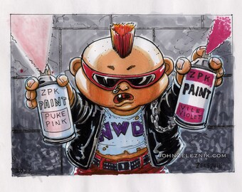 GPK New Wave Dave Two Spraypaint Cans Color Drawing by Zeleznik Garbage Pail Kids One Hit Wonder humorous parody