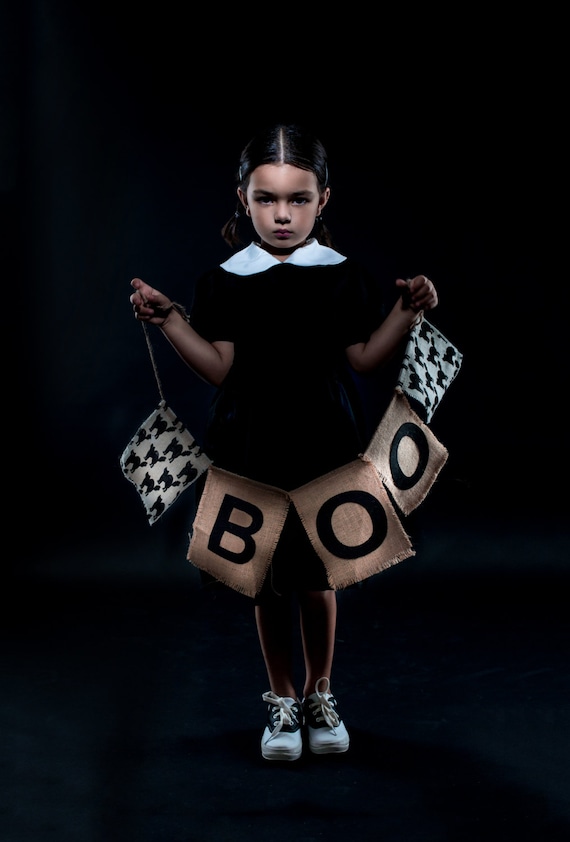 Wednesday Addams Costume Girls Peter Pan Collar Dress Short Sleeve  Halloween Outfit