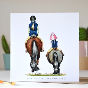 Tarjeta de cumpleaños para mamá ecuestre / Tarjeta de madre e hija montando a caballo
