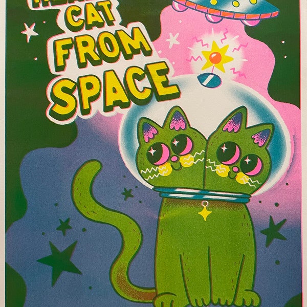 Two Headed Cat from Outer Space Risograph Print