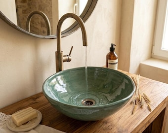 Aqua Crystal Washbasin. Stoneware countertop sink. Unique piece. Handmade. Silky satin glaze.