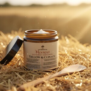Op de afbeelding: Een pot Nourish Face & Body Moisturizer met het deksel eraf, een houten lepel en de tekst "Tallow & Cupuacu". De pot staat op een bedje van stro, met een heldere, zonnige achtergrond.