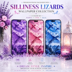May include: A digital collection of three phone wallpapers featuring flying lizards in purple, pink, and blue color schemes. The text reads SILLINESS LIZARDS WALLPAPER COLLECTION, 3 COLOR SET, and DREAM. STYLE. INSPIRE. BRIGHTEN YOUR SCREEN. EVERY DAY.