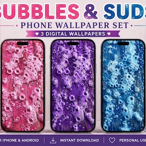 Ensemble de fonds d'écran abstraits « Bulles sur bois » pour téléphone | Fond à bulles roses, violettes et bleues | 3 fonds d'écran numériques | iPhone et Android