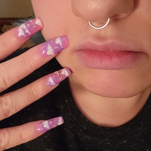 Medium Coffin Nails With Beautiful Pink Sky Design Plus Clouds!