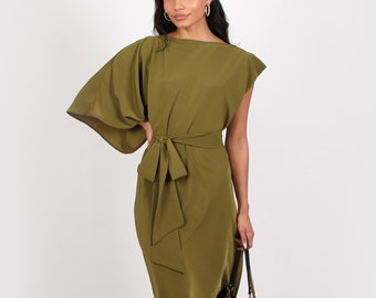 Geisha One Sleeve Midi Dress Moss Green