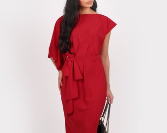 Geisha One Sleeve Midi Dress Red