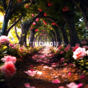 Póster de jardín de rosas de fantasía / Impresiones brillantes / 5 tamaños / Arte mural forestal / Sueño artificial