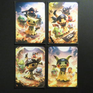 May include: Four rectangular trading card sleeves featuring vibrant illustrations of Mimikyu, Bulbasaur, Charmander, and Squirtle dressed as pirates. The artwork displays these characters in various action poses against fiery, golden, and moonlit backgrounds.