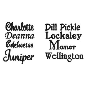 May include: A list of names written in black cursive font. The names are Charlotte, Deanna, Edelweiss, Juniper, Dill Pickle, Locksley, Manor, and Wellington.