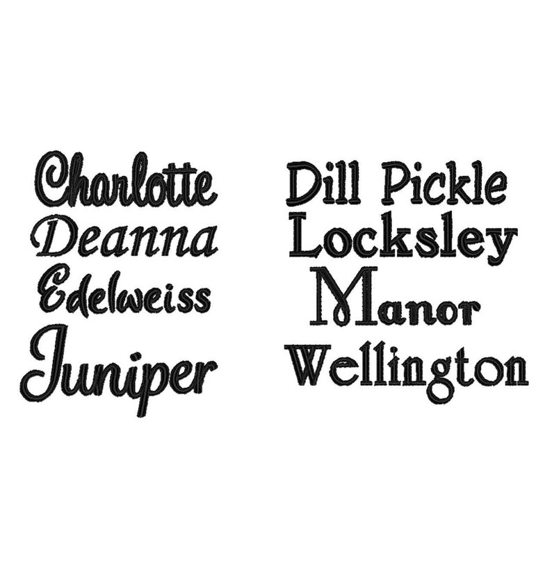 May include: A list of names written in black cursive font. The names are Charlotte, Deanna, Edelweiss, Juniper, Dill Pickle, Locksley, Manor, and Wellington.