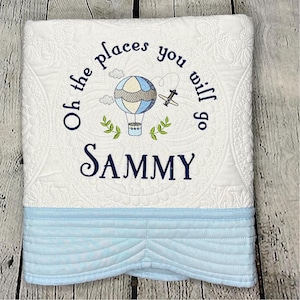 Hot Air Balloon Quilt,  Baby Boy Blanket, Heirloom Baby Quilt, Monogram Baby Quilt, Personalized Baby Gift, Personalized Baby Blanket