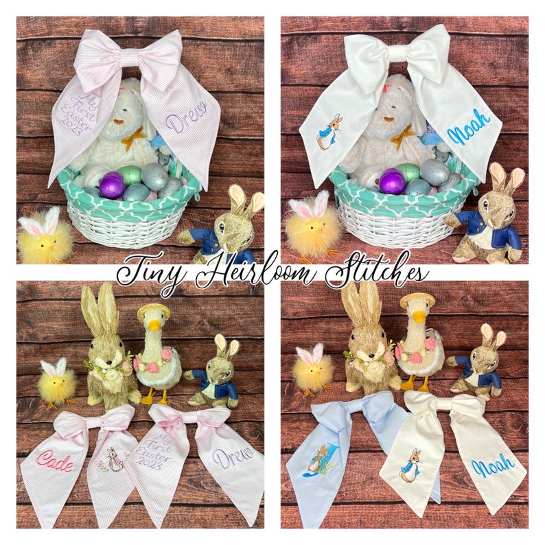 May include: Four personalized Easter baskets with bunny and duck figurines, decorated with pink and blue bows. The bows are embroidered with the names "Drew", "Noah", "Cade", and "Noah" and the text "My First Easter 2023".