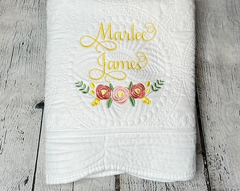 Heirloom Baby Quilt, Monogramed Baby Quilt, Personalized Baby Gift, Baby Blanket, Rose Wreath