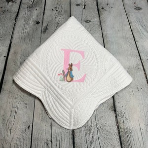 Peter Rabbit Quilt, Easter Quilt, Heirloom Baby Quilt, Monogramed Baby Quilt, Personalized Baby Gift, Baby Blanket, Rose Wreath