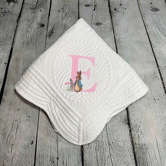 Peter Rabbit Quilt, Easter Quilt, Heirloom Baby Quilt, Monogramed Baby Quilt, Personalized Baby Gift, Baby Blanket, Rose Wreath
