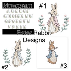 May include: Three embroidered designs featuring Peter Rabbit. The first design shows Peter Rabbit wearing a pink jacket with a floral wreath behind him. The second design shows Peter Rabbit wearing a blue jacket with a green wreath behind him. The third design shows Peter Rabbit wearing a blue jacket.