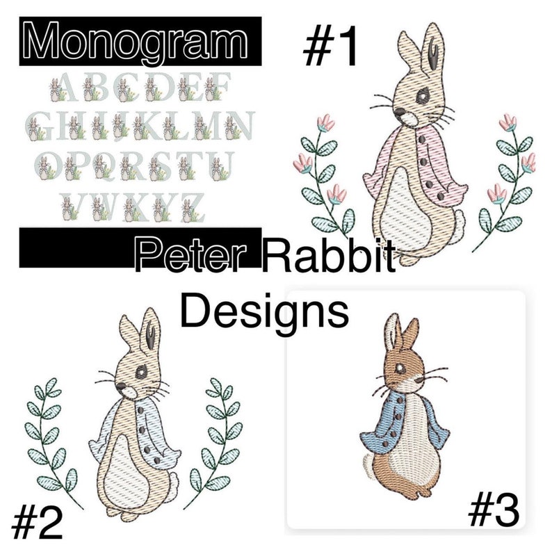 May include: Three embroidered designs featuring Peter Rabbit. The first design shows Peter Rabbit wearing a pink jacket with a floral wreath behind him. The second design shows Peter Rabbit wearing a blue jacket with a green wreath behind him. The third design shows Peter Rabbit wearing a blue jacket.