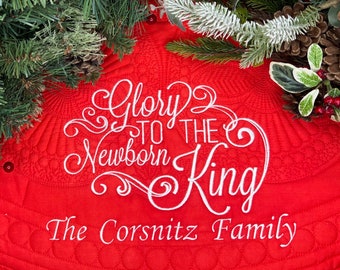 Personalized Christmas Tree Skirt | Glory to the Newborn King, Monogrammed Christmas Decor | Custom Wedding Gift