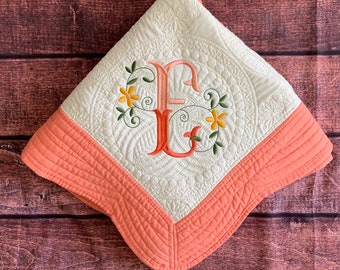 Coral Heirloom Baby Quilt, Monogram Baby Quilt, Personalized Baby Gift, Personalized Baby Blanket, Fishtail