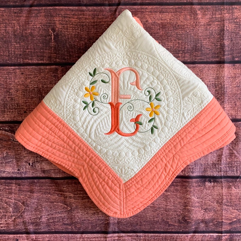 Coral Heirloom Baby Quilt, Monogram Baby Quilt, Personalized Baby Gift, Personalized Baby Blanket, Fishtail image 1