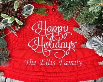 Personalized Christmas Tree Skirt, Happy Holidays, Monogrammed Christmas Decor | Custom Wedding Gift