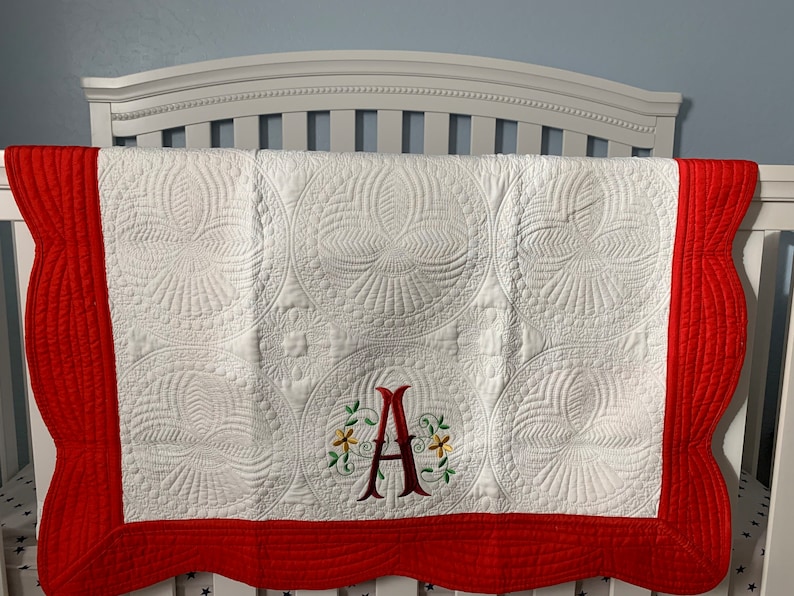 Coral Heirloom Baby Quilt, Monogram Baby Quilt, Personalized Baby Gift, Personalized Baby Blanket, Fishtail image 6