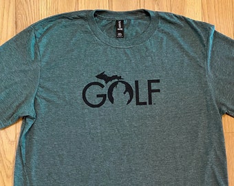 Golf Michigan Mens short sleeve shirt gray blue green Fathers Day Dad Husband Birthday Christmas gift idea unique custom golfing Great Lakes