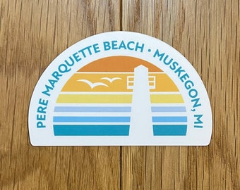 Pere Marquette Beach Muskegon sticker Great Lakes decal label Breakwater lighthouse sunset waves retro unique custom design Michigan pride