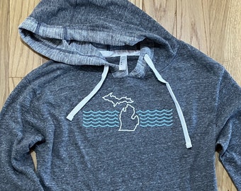 Michigan Mitten Waves navy blue heather sweatshirt hoodie unisex Mens Womens Ladies Awesome Beach Great Lakes Pride gift idea FREE SHIPPING