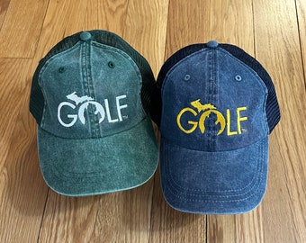 Michigan Golf Golfing Golfer Baseball hat Cap Green White Spartans Maize Blue Wolverines velcro back distressed embroidered gift