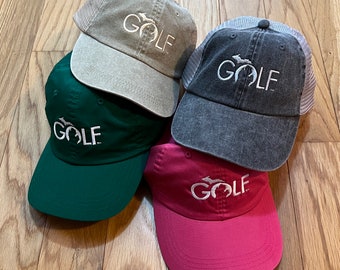 Michigan Golf Golfing Golfer Baseball hat Cap Green White Gray tan pink Great Lakes velcro back distressed