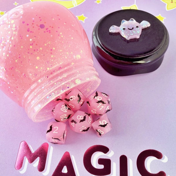 Pink Bat Dice and Dice Jar Roller Set for Dungeons and Dragons Table Top Roleplaying Gift