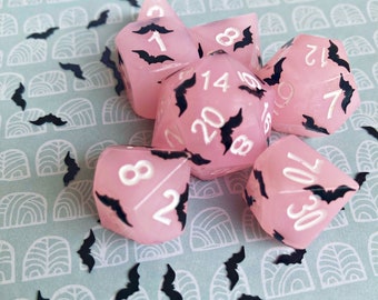 Pink and  Black Bats Dice Set for Dungeons and Dragons. Pastel Goth Colorful Unique Polyhedral Dice Full Seven Set.