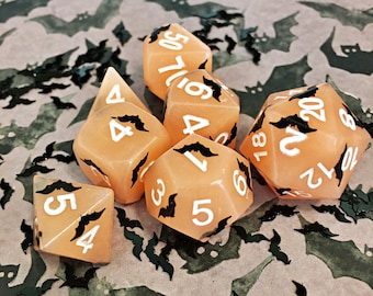 Orange Black Bats DND Dice Set for Dungeons and Dragons Table Top RPGS Halloween. Colorful Unique Polyhedral Dice Full Seven Set.