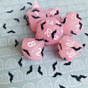Pink and  Black Bats Dice Set for Dungeons and Dragons. Pastel Goth Colorful Unique Polyhedral Dice Full Seven Set.