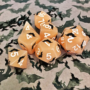 Orange Black Bats DND Dice Set for Dungeons and Dragons Table Top RPGS Halloween. Colorful Unique Polyhedral Dice Full Seven Set.