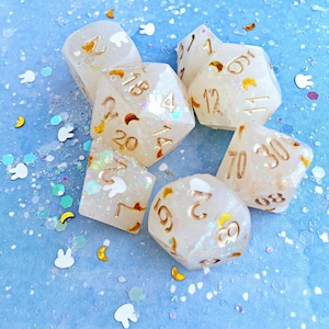 Serenity Dice Set for Dungeons and Dragons Table Top RPGS. Sparkly Glitter Rabbit and Moon Colorful Unique Polyhedral Dice Full Seven Set.