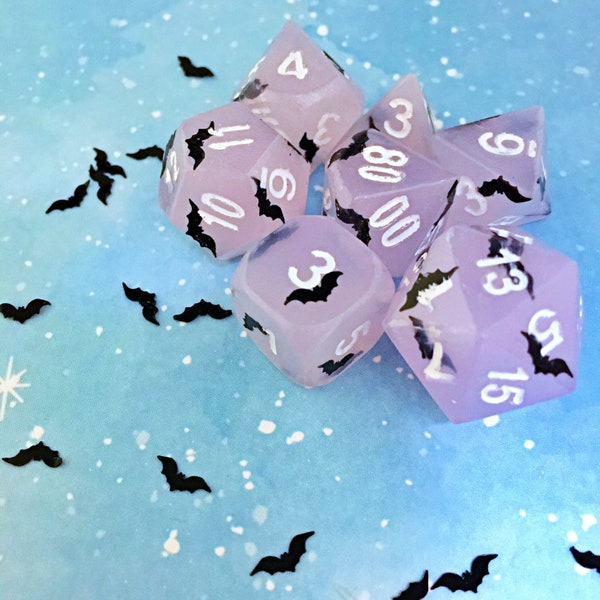 Light Purple Black Bats DND Dice Set for Dungeons and Dragons Table Top RPGS. Pastel Goth Colorful Unique Polyhedral Dice Full Seven Set.