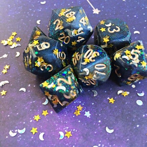 Moon and Stars DND Dice Set for Dungeons and Dragons Table Top RPGS. Glitter Sparkly Colorful Unique Polyhedral Dice Full Seven Set.