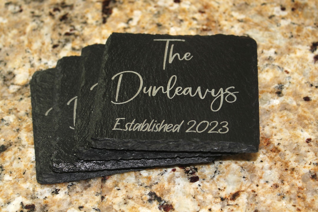 4 Engraved Slate Coasters, Personalized Coasters, Monogram Coasters